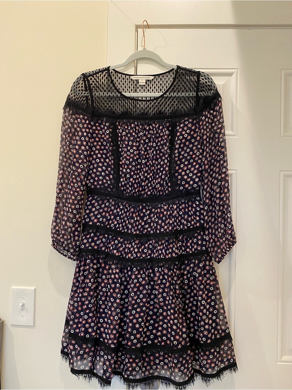 Diane Von Furstenberg Black Floral Mini Dress with Pink and White Accents